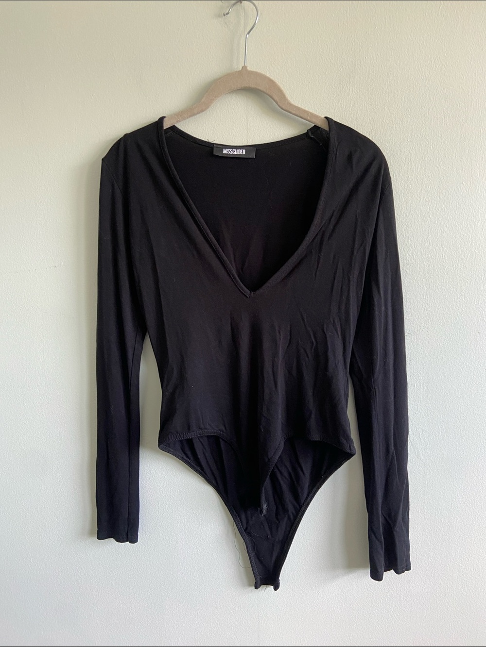 Missguided Black Long Sleeve Deep V-Neck Bodysuit